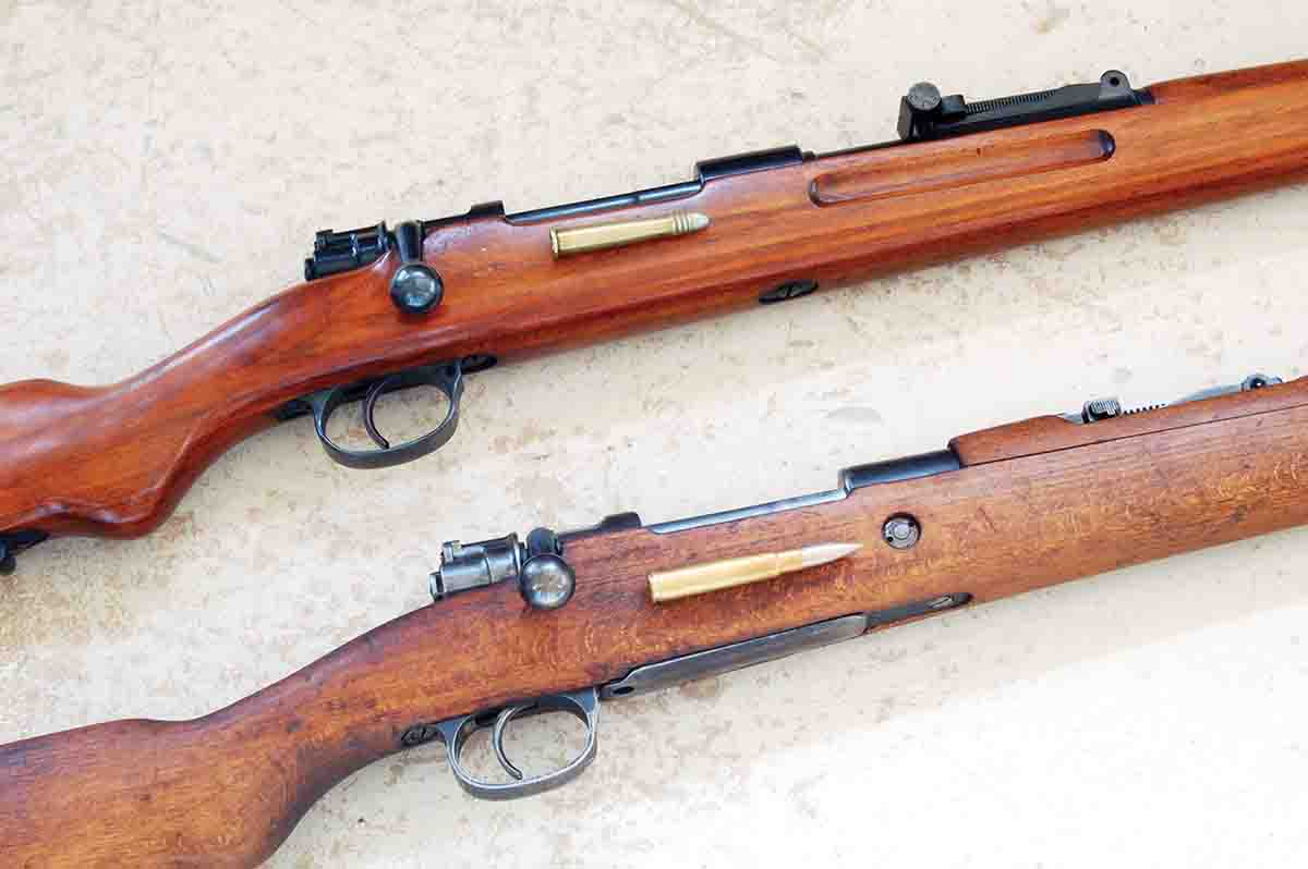 The Mauser M98 8.15x46R (top) is the same as the M98 8x57 (bottom) except for the chamber, rear sight and being a single shot.